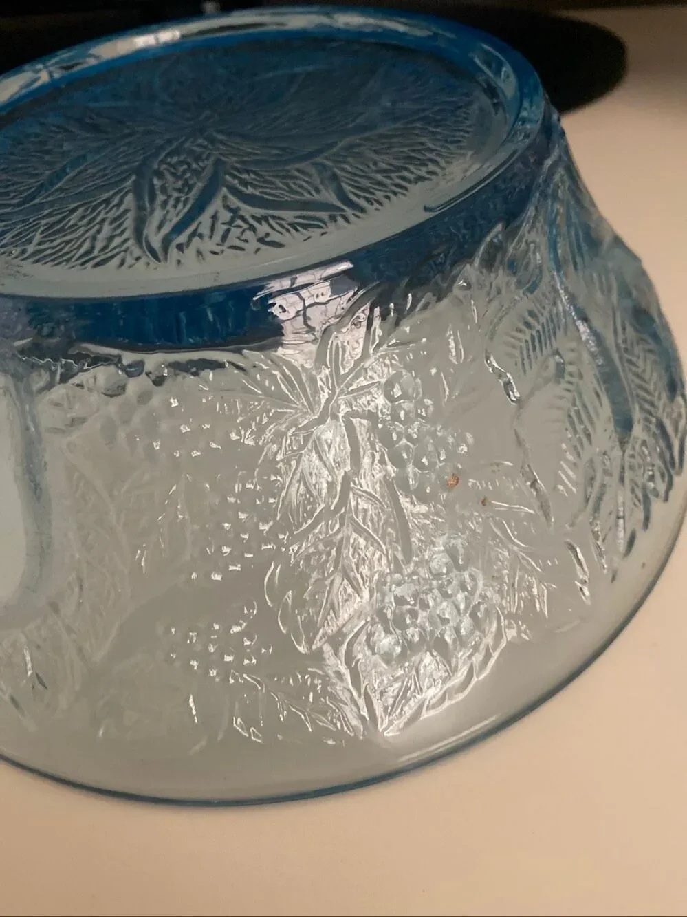 Blue Pressed Glass Serving Bowl Embossed Floral Pattern Decorative Dish vintage